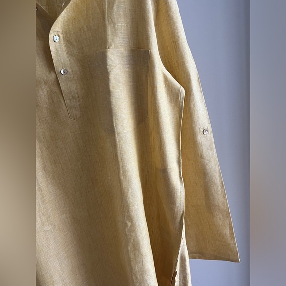 NWT FABINDIA Men 100% Linen Woven Nehru Kurta Mustard Yellow Festive Large Sz 40 - Picture 15 of 16